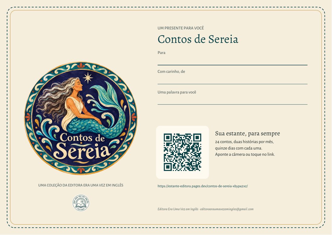 O cartão-presente do Contos de Sereia, com espaço para o nome de quem dá e de quem recebe e o QR code da estante