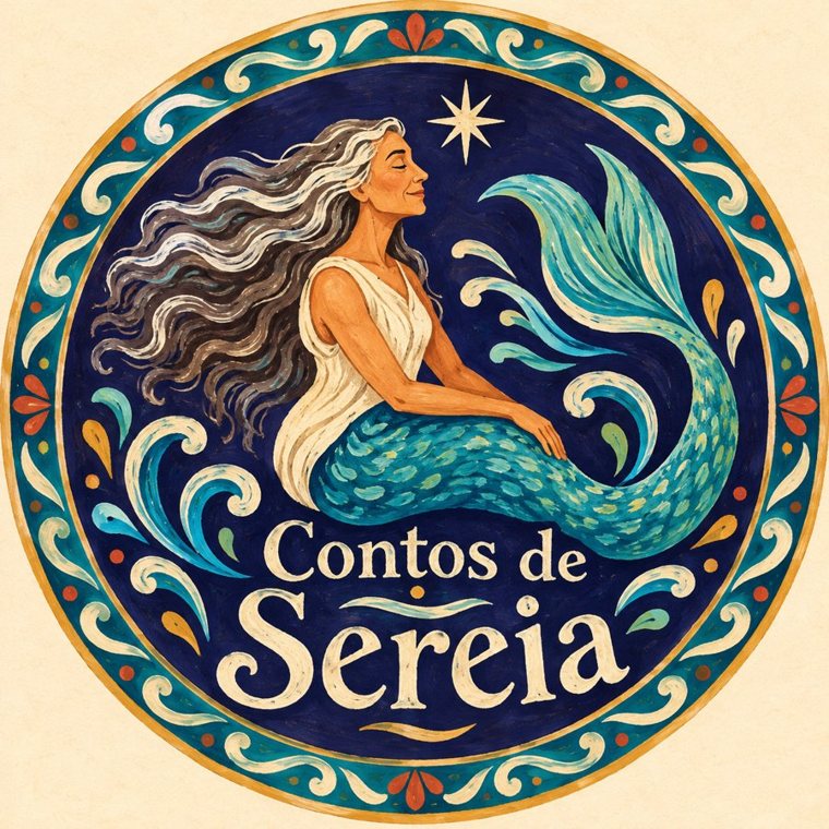 Contos de Sereia: uma sereia de cabelos grisalhos, de olhos fechados, sob uma estrela, num círculo de ondas