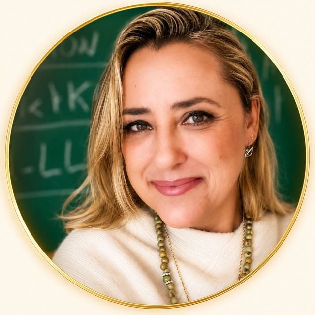 Paula Folhas Capella, sorrindo, diante de um quadro-negro verde